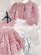 韩系童装23春秋女童花朵套装粉色玫瑰外套连衣裙生日礼服裙