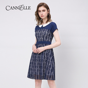 Cannelle晴迷桂莉雪纺拼接条纹蕾丝连衣裙短袖