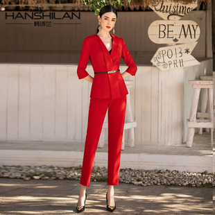 韩诗兰秋季西装正装套裤时尚气质七分袖职业装红色西装套装女