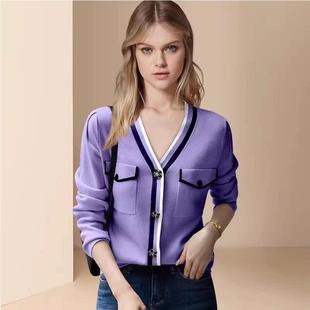 欧美时尚洋气紫色开衫毛衣外套，女秋冬装2023小香风针织衫上衣