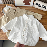2024春季儿童长袖衬衫中大男孩子，学生宽松韩版棉质柔软个性白上衣(白上衣)