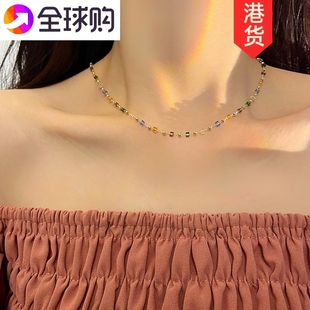 香港彩色水晶串珠项链女锁骨链小众设计高级感简约脖颈链首饰