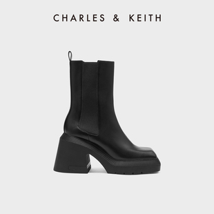 charles&keith春夏女靴ck1-90580168复古粗跟方头切尔西靴女靴