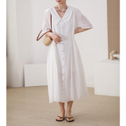 菲尔丹胖mm显瘦飘逸v领衬衫裙蘑菇，包扣宽松短袖连衣裙白色6105