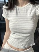 欧美辣妹正肩短袖t恤女夏季设计感小众撞色条纹修身显瘦短款上衣