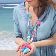 夏日沙滩风贝壳项链女彩色串珠，水晶木珠松石，流苏毛衣链长款颈挂链