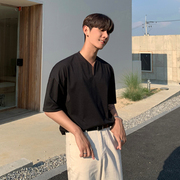 MRCYC韩版V领短袖T恤男装夏季纯色宽松体恤黑色内搭打底衫