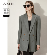 Amii2024秋西装外套英伦风千鸟格中长款宽松廓形西服休闲上衣