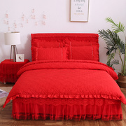 秋冬夹棉加厚韩版公主蕾丝，床裙床罩床套式，大红色结婚庆床品四件套