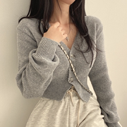 韩国chic冬季修身小个子短款针织开衫显瘦百搭纯色V领毛衣外套女
