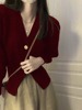 酒红色v领毛衣外套女秋冬季洋气减龄小香风上衣外搭针织开衫