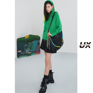 UX秋中长款绿色连帽针织衫女宽松设计感街头百搭长袖毛衫
