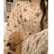 睡衣女秋冬季长袖长裤，韩版甜美可爱小熊，纯棉纱布家居服两件套装春