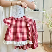 韩版女童格子套装2023夏装，宝宝洋气时尚短袖，两件套儿童复古休闲薄