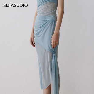 环保小众原创设计师品牌，sijia春夏小众，设计斜褶网纱蓝色半裙