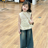韩版夏季女童镂空流苏针织上衣儿童背心马甲阔腿牛仔裤套装