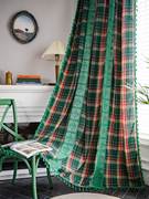 窗帘绿色格子美式复古棉麻窗帘，成品厨房帘飘窗短帘半帘半遮光挂钩