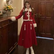 红色圣诞套装新年战袍圣诞节秋冬连衣裙外套两件套半身裙夹棉