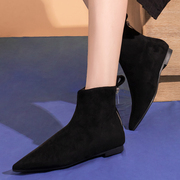 欧美靴子女2023秋双拉链，平跟尖头短靴女磨砂，羊皮平底切尔西靴