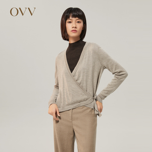 OVV秋冬女装经典舒适半斜襟围裹款式长袖针织衫羊绒衫