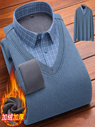 男士保暖衬衫假两件加绒加厚毛衣套头针织衫商务，休闲免烫长袖衬衣