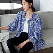 蓝白格子衬衫女长袖2021秋装韩版时尚大码宽松显瘦纯棉衬衣