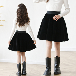 女童半身裙秋冬洋气丝绒，a字裙韩版儿童，黑裙子小女孩高腰短裙