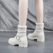 秋冬季马丁靴女鞋子，2023年粗跟加绒白色袜靴高跟春秋款短靴子