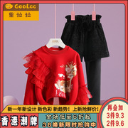 红色年服女童加绒卫衣，套装2023秋冬女宝宝保暖裙裤短裤两件套
