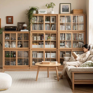 小七的木头纯实木书柜，落地自由组合书架，移门展示柜靠墙推拉门书橱