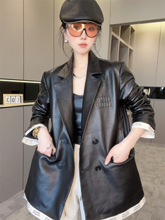 欧韩版2024春季高级感中长款纯黑色真皮皮衣v领欧洲站时尚潮