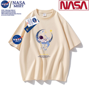 NASA重磅210克纯棉短袖t恤男女同款潮落肩宽松大码体恤圆领印花衫