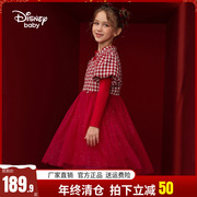 迪士尼童装女童中国风，长袖连衣裙冬季女孩公主，裙网纱裙红色新年服