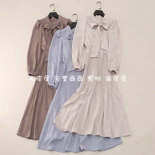 33429日本单~甜美气质优雅领口飘带长袖收腰百褶连衣裙长裙女0.5