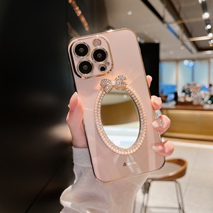 倚楼 粉色水钻补妆镜子适用iPhone15pro/1413pro苹果12手机壳电镀11Promax全包软硅胶xr气质网红女保护套