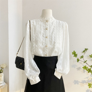 白色蕾丝花边立领长袖衬衫，女秋季设计感气质内搭打底雪纺小衫上衣