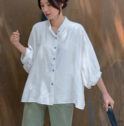 韩国大码女装2024春装时尚立领系扣宽松蝙蝠袖中袖衬衫特