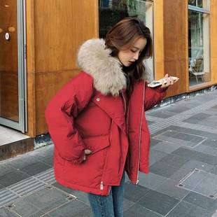 红色羽绒服女短款2023年冬季韩版大毛领小个子加厚羽绒外套潮