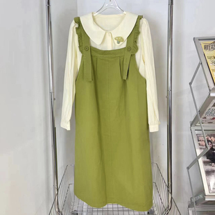 宽松森日系背带裙两件套女2024春季法式甜美小个子绿色连衣裙