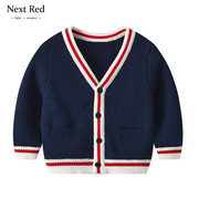 英国Next Red儿童针织开衫学院风秋季男孩毛衣外套纯棉线针织