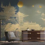 现代中式意境水墨山水阁楼电视沙发背景墙纸壁布客厅茶室定制壁画