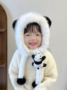 可爱熊猫宝宝帽子冬季儿童帽子围巾，一体帽加绒加厚男女孩二件套装