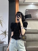 韩国法式甜美泡泡袖衬衫女夏季设计感小众短袖高级感黑色短款上衣