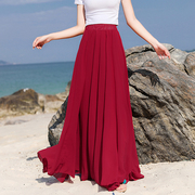540度酒红色大摆裙女新疆舞蹈雪纺半身，i裙子夏季纯色古典气质长裙