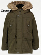 英国乔治george男童卡其，绿毛领连帽派克服保暖棉服，大衣756502