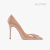 hltino2024裸粉色漆皮尖头高跟鞋女细跟法式大小码单鞋子V扣E