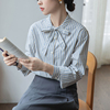 韩版条纹衬衫立领，蝴蝶结设计感系带法式复古百搭上衣
