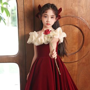 女童独唱歌演出服红色长裙花童婚礼公主裙儿童钢琴主持人礼服