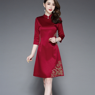 2023春季改良中国风显瘦气质高贵洋气婚礼宴会妈妈红色旗袍连衣裙