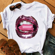 Red lips T-shirt欧美风大码红色紫色亮片嘴唇性感印花女T恤上衣